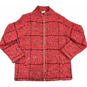 Chico's Jacket Women's 2 / 12 / Large Red Black Plaid Wool Blend Sherpa Full Zip